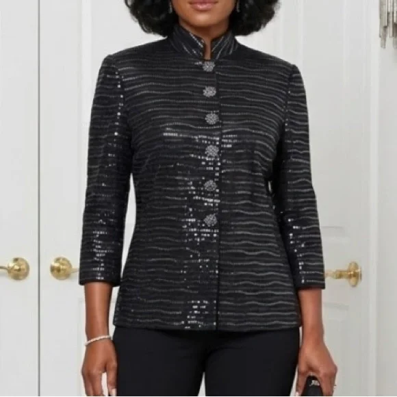 St. John Evening Black Textured Open-Front Blazer Embellished Buttons Size 2 - Picture 2 of 15